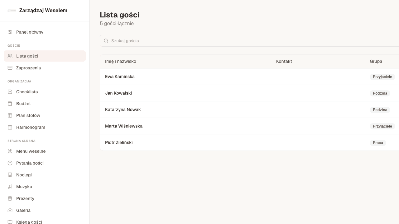 Zrzut ekranu modułu Lista gości