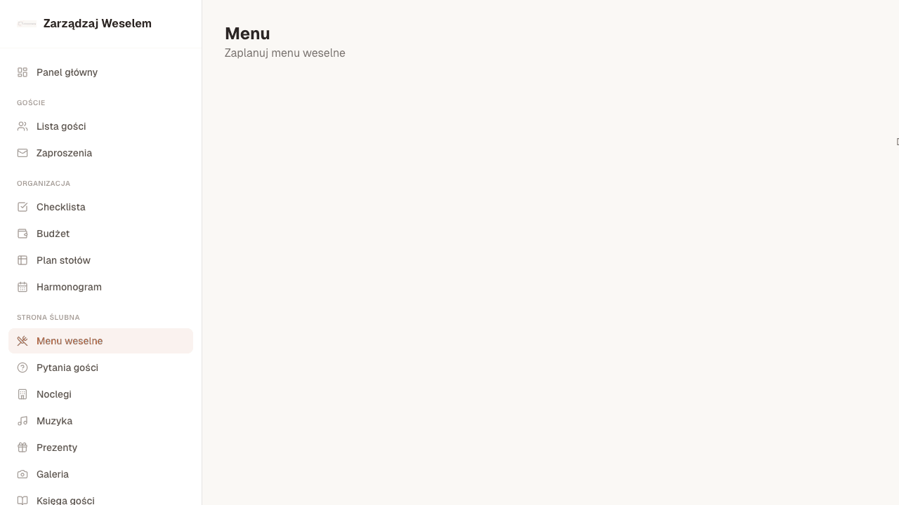 Zrzut ekranu modułu Menu weselne