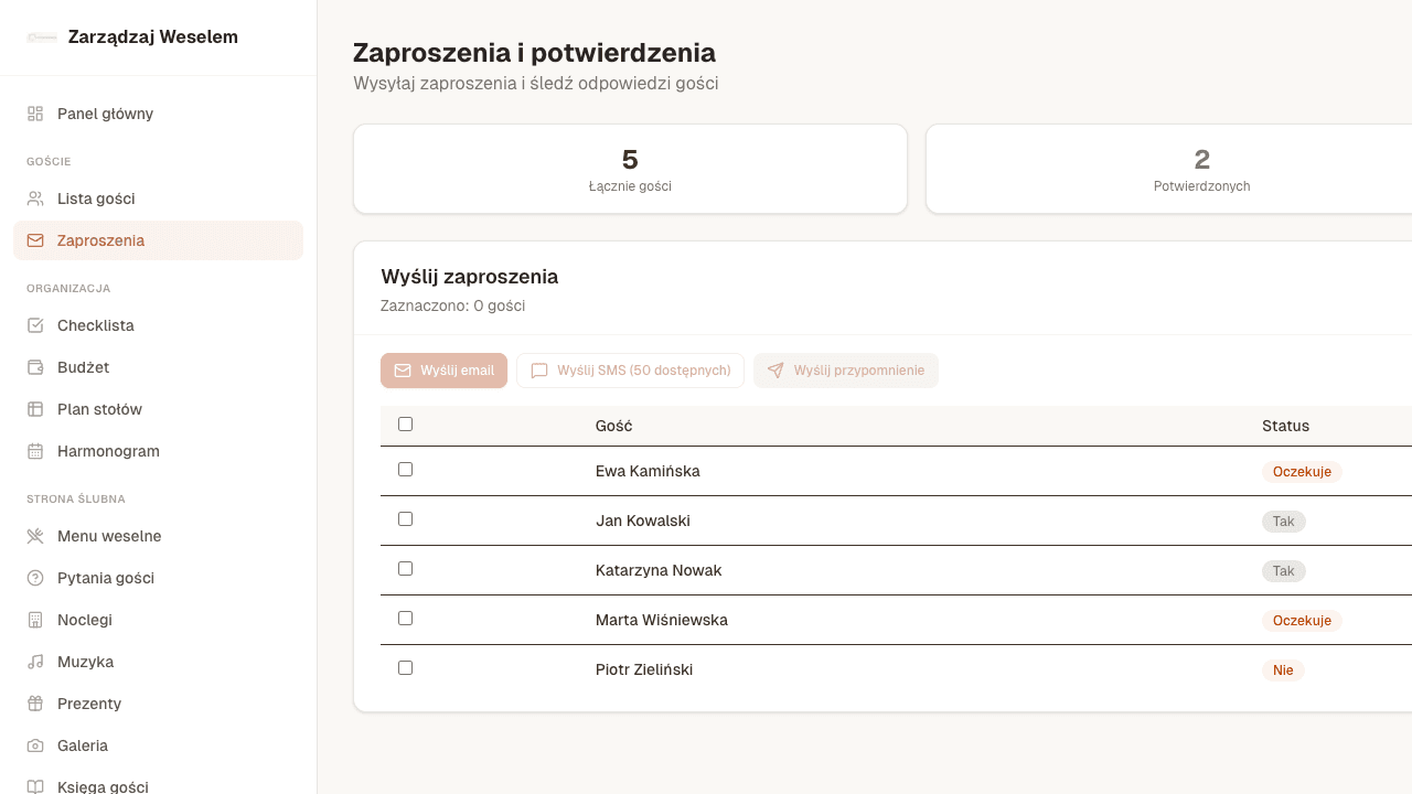 Zrzut ekranu modułu Zaproszenia